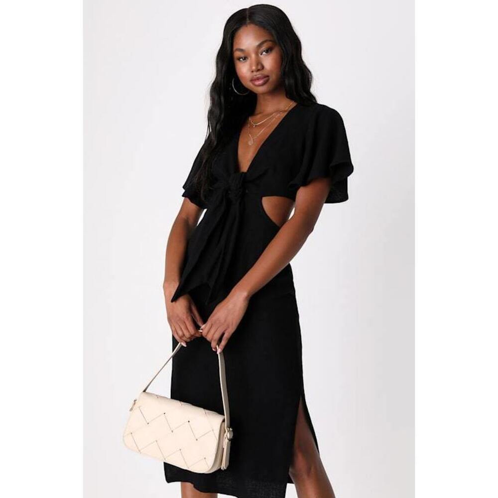 Lulus Summer Journey Black Tie-front Cutout Midi Dress - Size Small